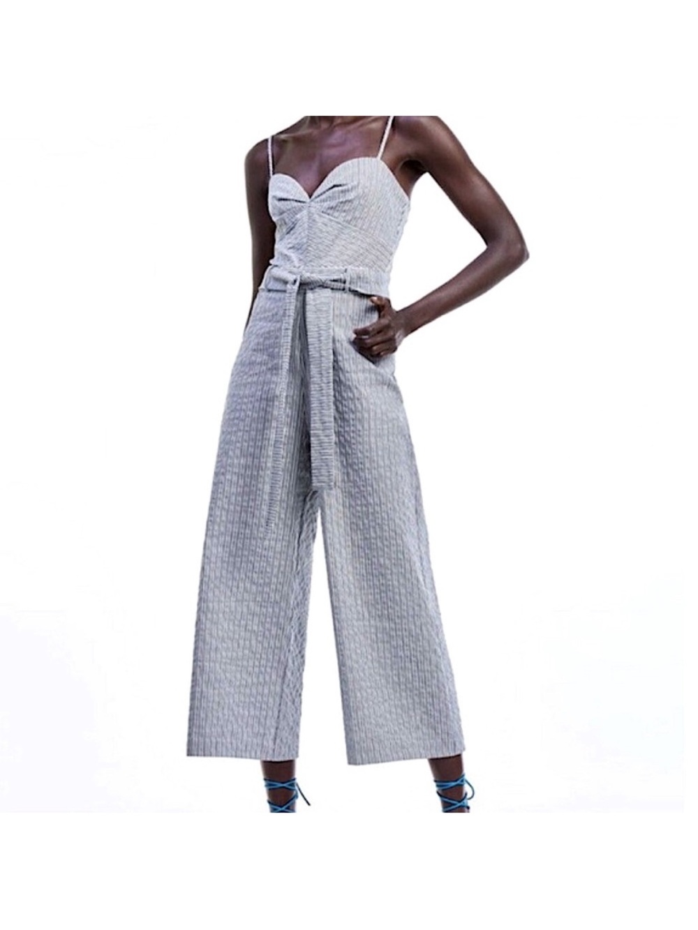 Zara sweet heart nexStriped Spaghetti‑Strap Jumpsuit with Tie Waist - Blue/White